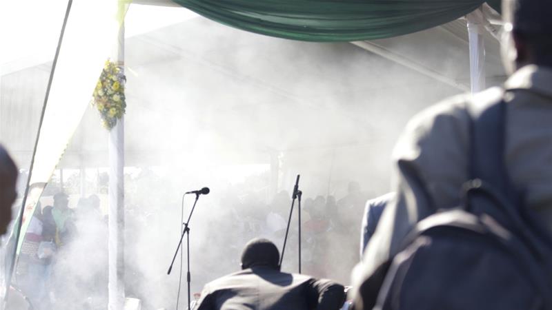 Smoke rises after an explosion at a ZANU-PF rally in Bulawayo [The Associated Press]